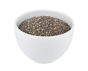 Chia seeds in wooden bowl isolated on white background.