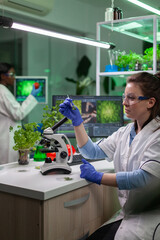 Biologist splecialist taking with tweezers green leaf sample putting under microscope analyzing genetic mutation. Chemist examining biological discovery on plant working in pharmaceutical laboratory.