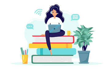 Online education concept with books and woman with laptop. Vector illustration in flat style. Stay at home. Self-isolation.