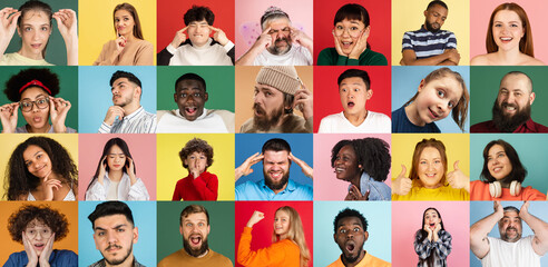 The collage of surprised people on color background