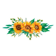 Watercolor sunflowers bouquet isolated. Yellow flowers for invitation and greeting card