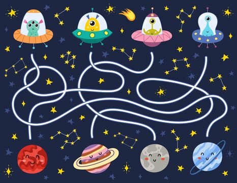 Find the correct way to the planets for each alien in the flying saucers. Space maze puzzle for kids. Activity page with funny space characters. Mini game for school and preschool. Vector illustration