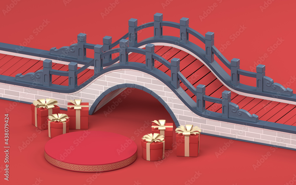 Poster chinese style bridge with red background, 3d rendering
