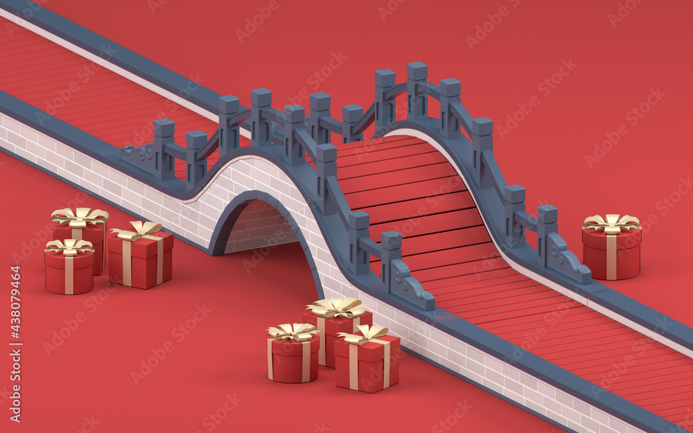Poster chinese style bridge with red background, 3d rendering