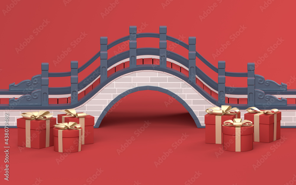 Poster chinese style bridge with red background, 3d rendering