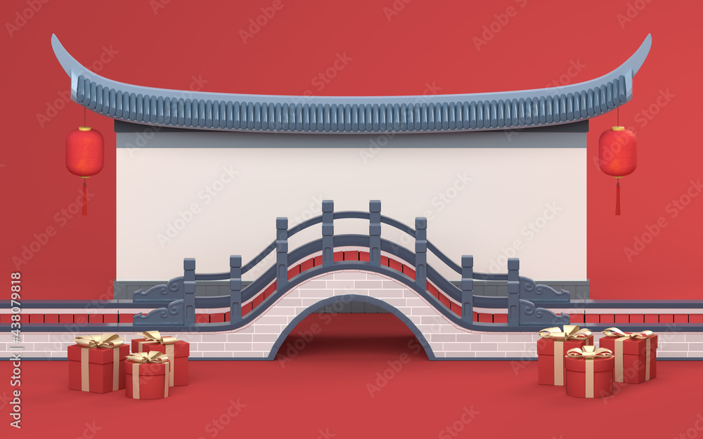 Poster chinese style bridge with red background, 3d rendering
