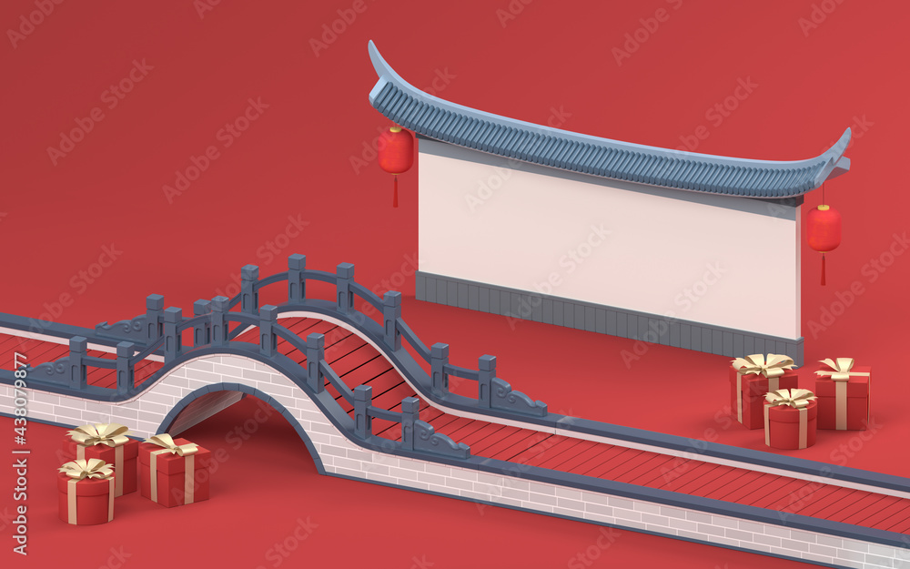 Poster chinese style bridge with red background, 3d rendering