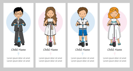 set card of my first communion of girl and boy. Skateboard kids
