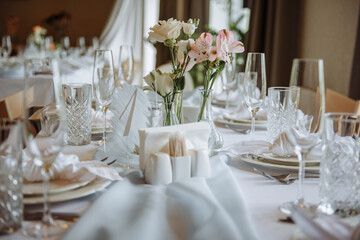 Banquet setting for a wedding. Wedding banquet. Table decoration for a wedding