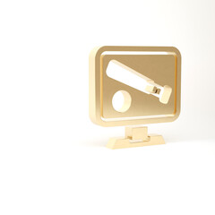 Gold Monitor with baseball ball and bat on the screen icon isolated on white background. Online baseball game. 3d illustration 3D render