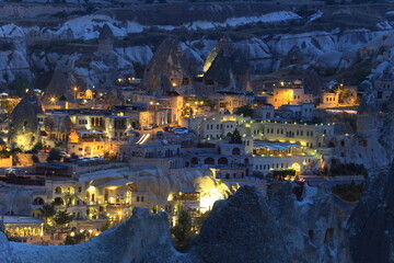 View of Goreme at night, Cappadocia, Turkey 