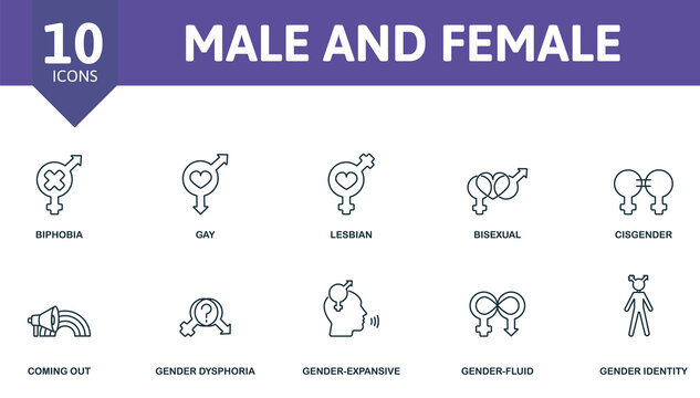Male And Female icon set. Contains editable icons lgbt theme such as biphobia, lesbian, cisgender and more.