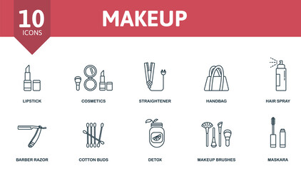 Makeup icon set. Contains editable icons makeup and beauty theme such as lipstick, straightener, hair spray and more.
