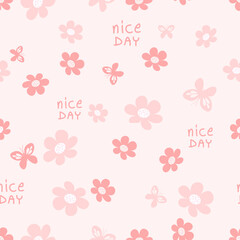 Seamless pattern with pink flowers and hand written font on pink background vector illustration.