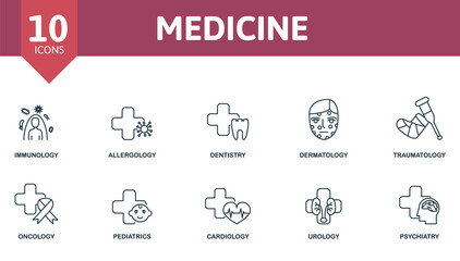 Medicine icon set. Contains editable icons medical theme such as immunology, dentistry, traumatology and more.
