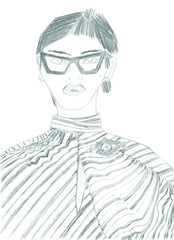 Woman in fancy glasses. Hand-drawn artistic portrait in a striped shirt with accessories fashion vector illustration.