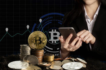 Businessman using smartphone for checking cryptocurrency, bitcoins stock market rate. Analyze charts. Business and financial success concept.