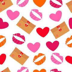 seamless pattern with hearts, love letters and kisses. pattern for wrapping gifts for Valentine's day. stock vector illustration on a white background.