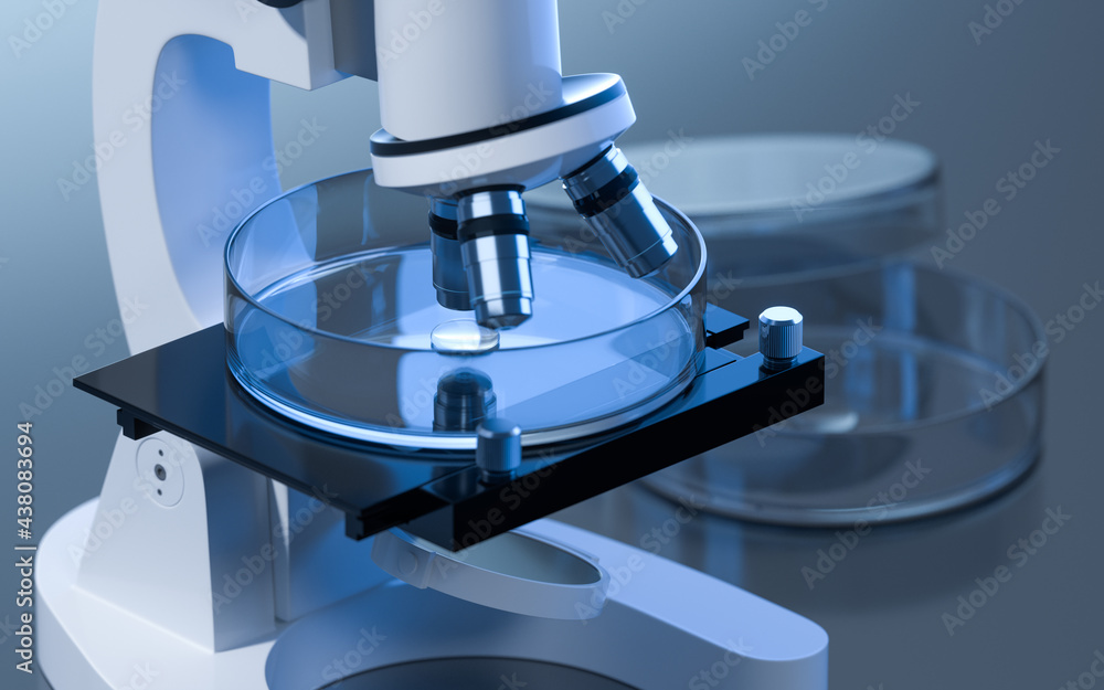 Poster glassware and microscope in the laboratory, 3d rendering.