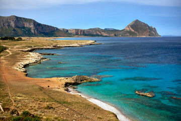 Obraz premium view Monte Cofano reserve in the province of Trapani, island of Sicily, Italy
