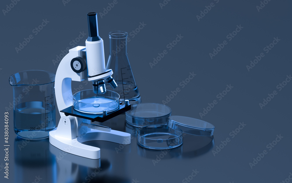 Poster glassware and microscope in the laboratory, 3d rendering.