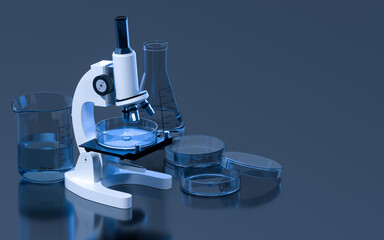 Glassware and microscope in the laboratory, 3d rendering.
