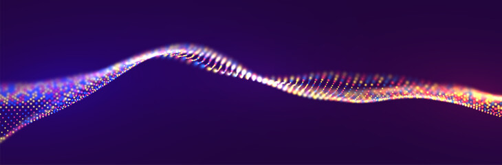 Abstract blue and yellow particle background. Flow wave with dots landscape. Digital data structure. Future mesh or sound grid. Pattern point visualization. Technology vector illustration.