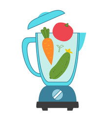 A blender into which vegetables are poured - cucumber, tomato and carrot. Colored beautiful and stylish illustration. Logo for the design of the kitchen space. Kitchen equipment isolated icon