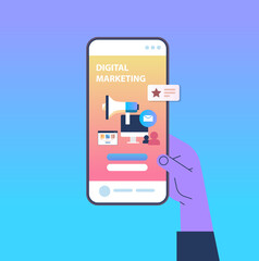 human hand using smartphone screen digital marketing communication concept