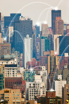 Cityscape with skyscrapers and Internet connection visualization