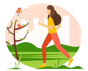 Concept illustration for a healthy lifestyle, sports, and Jogging. Woman running in the park in spring. Cute illustration in flat style. 