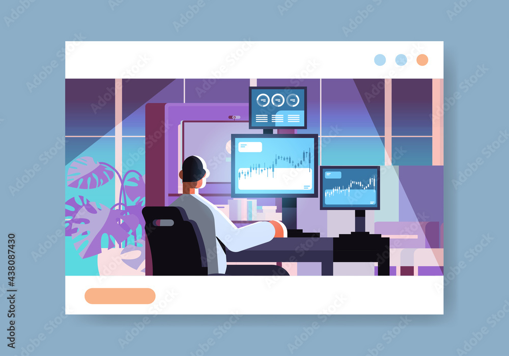 Poster man trader stock market broker analyzing charts graphs and rates on computer monitors at workplace