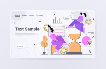 businesspeople using laptops overworked businesswomen with hourglass deadline time management concept