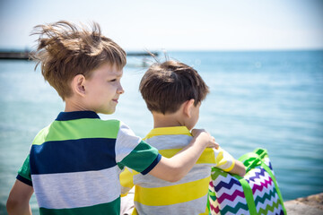 Fototapeta na wymiar Two beautiful little boy sibling brothers in vest and shorts sitting on breakwater against the sea and shore in summer. Preschool children best friends enjoying summer vacations on sea. View from back