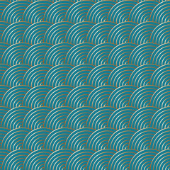 Abstract geometric seamless pattern. Gold circles on a turquoise background. Wave elements.