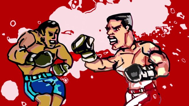  Footage  of boxers fighting on red background
 and blood splash.