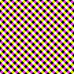 Pink, yellow  and black squares pattern. Vector seamless diagonal squares. Diagonal tabblecoth repeat pattern.