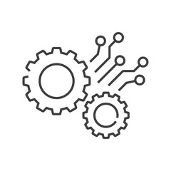 Tecnología electrónica. Logotipo con 2 engranajes con circuito digital con lineas de color gris