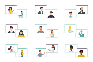 Video conferencing, social distancing, business discussion. Remote work. Video communication, conference, work from home. A set of illustrations.