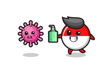 illustration of indonesia flag badge character chasing evil virus with hand sanitizer
