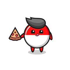 cute indonesia flag badge cartoon eating pizza