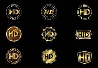 Golden HD Video Resolution Icon Logo, High Definition TV, Game Screen monitor display Label, HD Label web button.