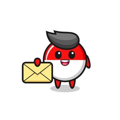 cartoon illustration of indonesia flag badge holding a yellow letter