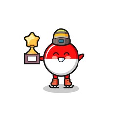 indonesia flag badge cartoon as an ice skating player hold winner trophy