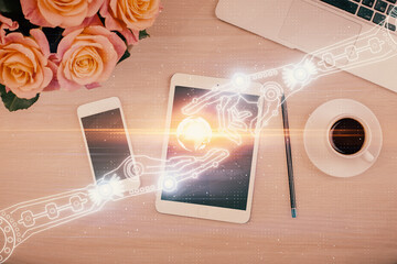 Multi exposure of technology theme drawing over work table desktop. Top view. Global data analysis concept.