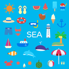 シンプルでかわいい海のイラストセット フラットデザイン