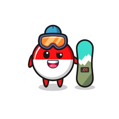 Illustration of indonesia flag badge character with snowboarding style