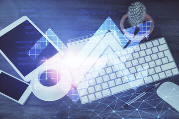 Double exposure of drawing arrows over table with phone. Top view. Growth concept.