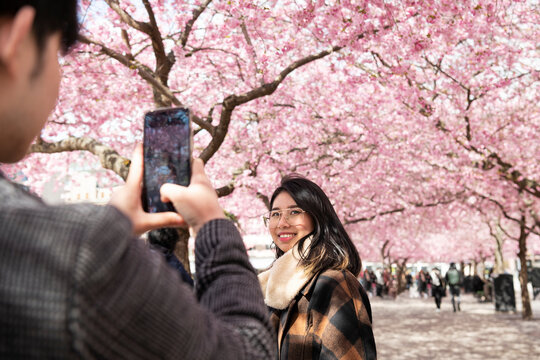 Man photographing woman against cherry blossom