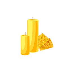 Beeswax candles and honeycomb pieces. Vector illustration cartoon flat icon isolated on white background. - obrazy, fototapety, plakaty